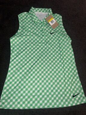Nike Green and White Gingham Sleeveless Polo